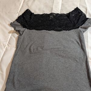 H&M Gray and Black Lace Short Sleeve Top